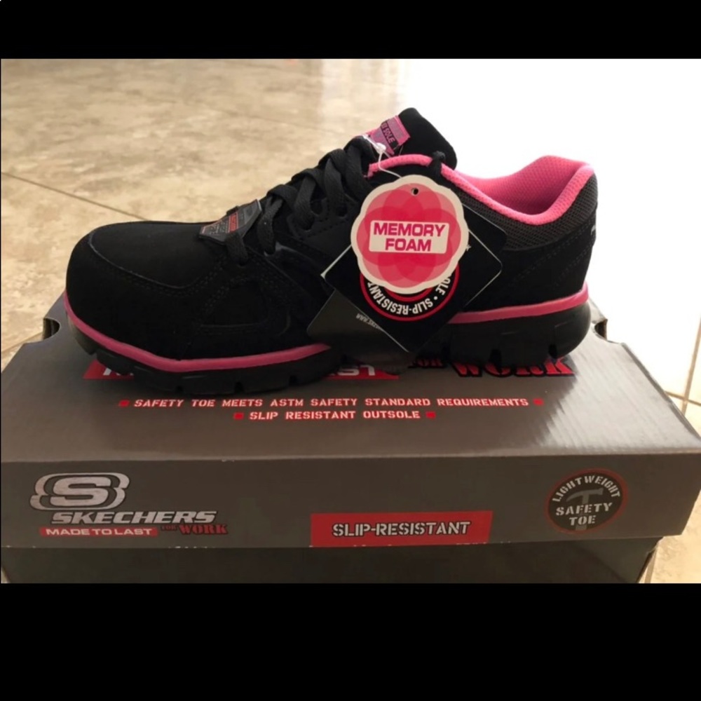 Sketchers 7 1/2 pink and black slip resistant work shoes with steel toe